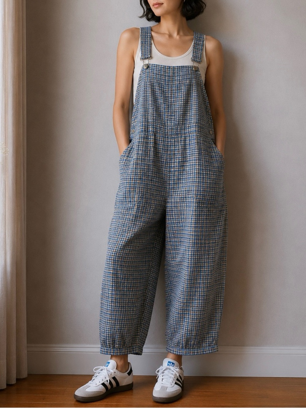 FLAX by Jeanne Engelhart Linen Gingham Overalls M Blue Lagenlook